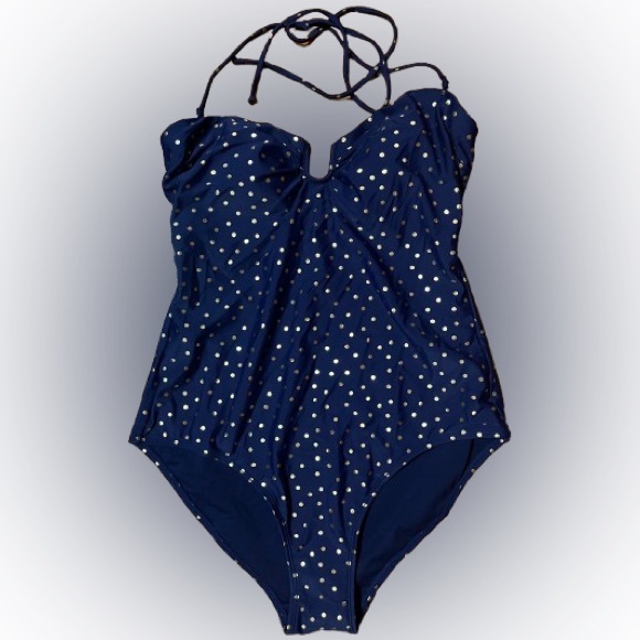 NWOT Boden Blue and Gold Polka Dot One Piece Swimsuit Size 10 - Picture 1 of 8
